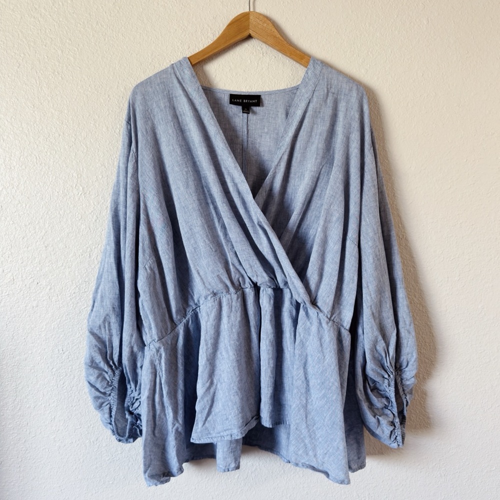 Lane Bryant Linen Cotton Blend Faux Wrap Top Beachy Blue 3/4 Sleeve size 26